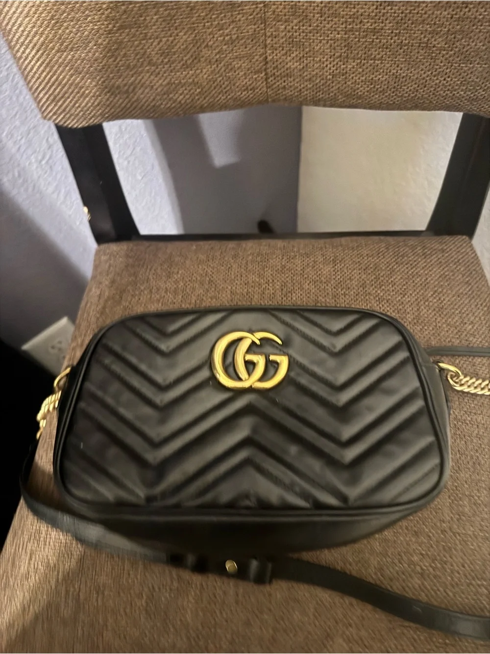 Gucci Black Chevron Leather Crossbody Bag with Gold Double-G